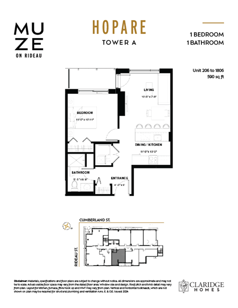 Floor plan for 1 bed, 1 bath, 590 sqft